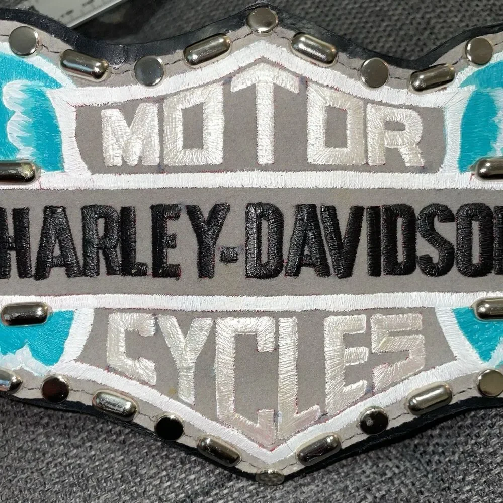Vintage Harley Davidson Motor Cycles Leather Belt Studs Chain Biker RARE Painted